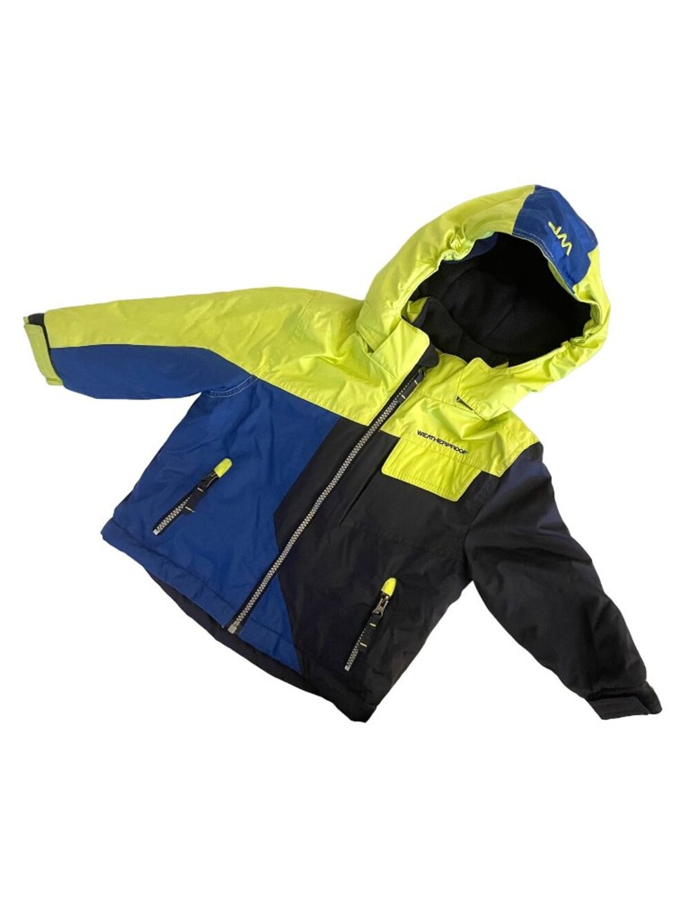 Weatherproof Toddler Jacket 2T Neon Yellow Blue Fleece Lined Removable Hood
